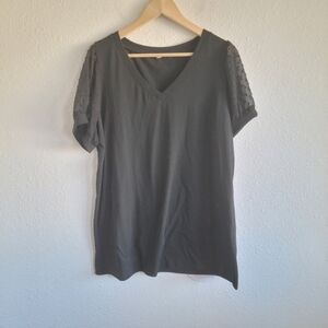 Black V-Neck Sheer Polka Dot Sleeve Tee Shirt Short Sleeve Womens Size XL